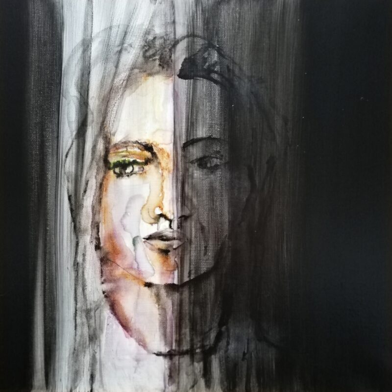 girl behind the curtain mixed media painting 40x40