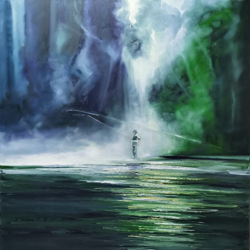painting of fly fisherman standing in a river with a waterfall background