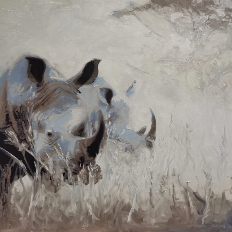 Rhinos at Dawn: Misty Serenity in Grey and Cream_76.5x76.5 oil on canvas