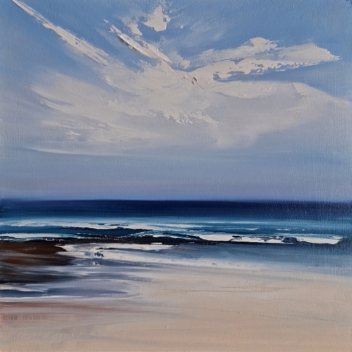 Square-format oil seascape with radiant sky and steady shoreline, suggesting a mood of quiet strength
