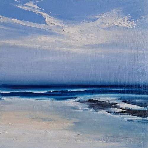Bright morning seascape with soft waves and expressive sky in a square oil format, evoking gratitude and peace