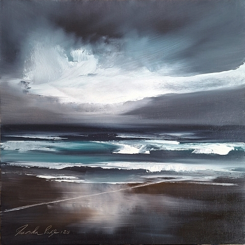 A post-storm seascape with softened light and gentle waves. A work of quiet strength and resilience, perfect for spaces seeking calm and contemplative energy.