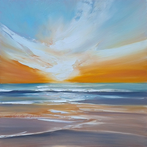 Dynamic clouds burst upwards from a glowing horizon over gentle surf, evoking a sense of emotional release and hope rising through colour.