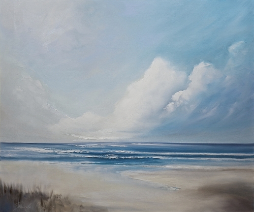 Serene seascape painting with soft sky and cloud forms above a tranquil beach scene.