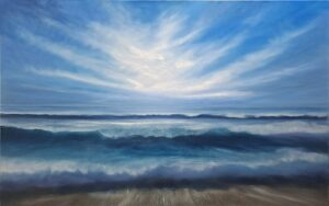 Bright, expressive seascape oil painting with a radiant sky and energetic surf.