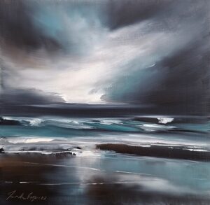 Oil painting of a moody seascape under dramatic storm clouds, waves meeting reflective wet sand.