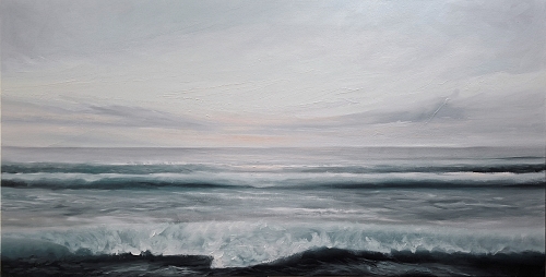 Muted grey ocean painting with soft waves and a pale, atmospheric sky.