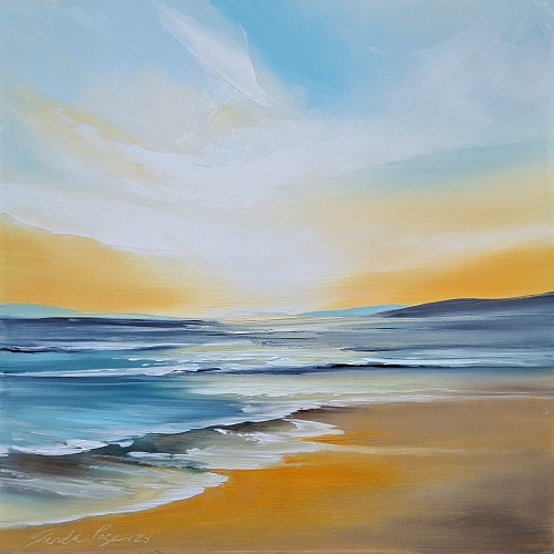 A soft wave brushes the sand beneath a peaceful sky of pale gold and blue, expressing grounded joy and the embrace of a new day.
