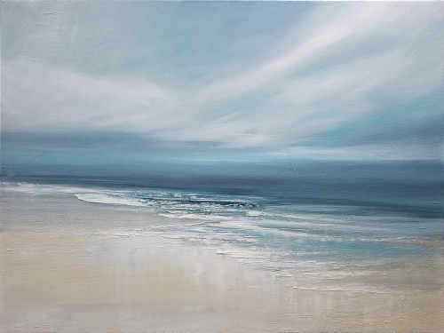 Light blue and soft grey seascape oil painting with sweeping water patterns and reflective sand.