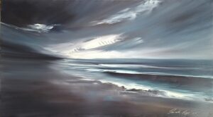storm seascape where clouds part dramatically to reveal light over the shore. A powerful visual metaphor for clarity and transformation, painted in rich, layered oils.